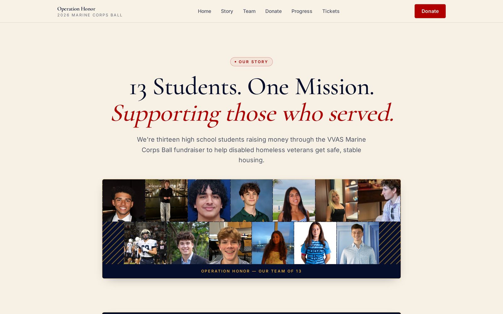 Homepage of the Operation Honor campaign website, showing the story headline and team photos.