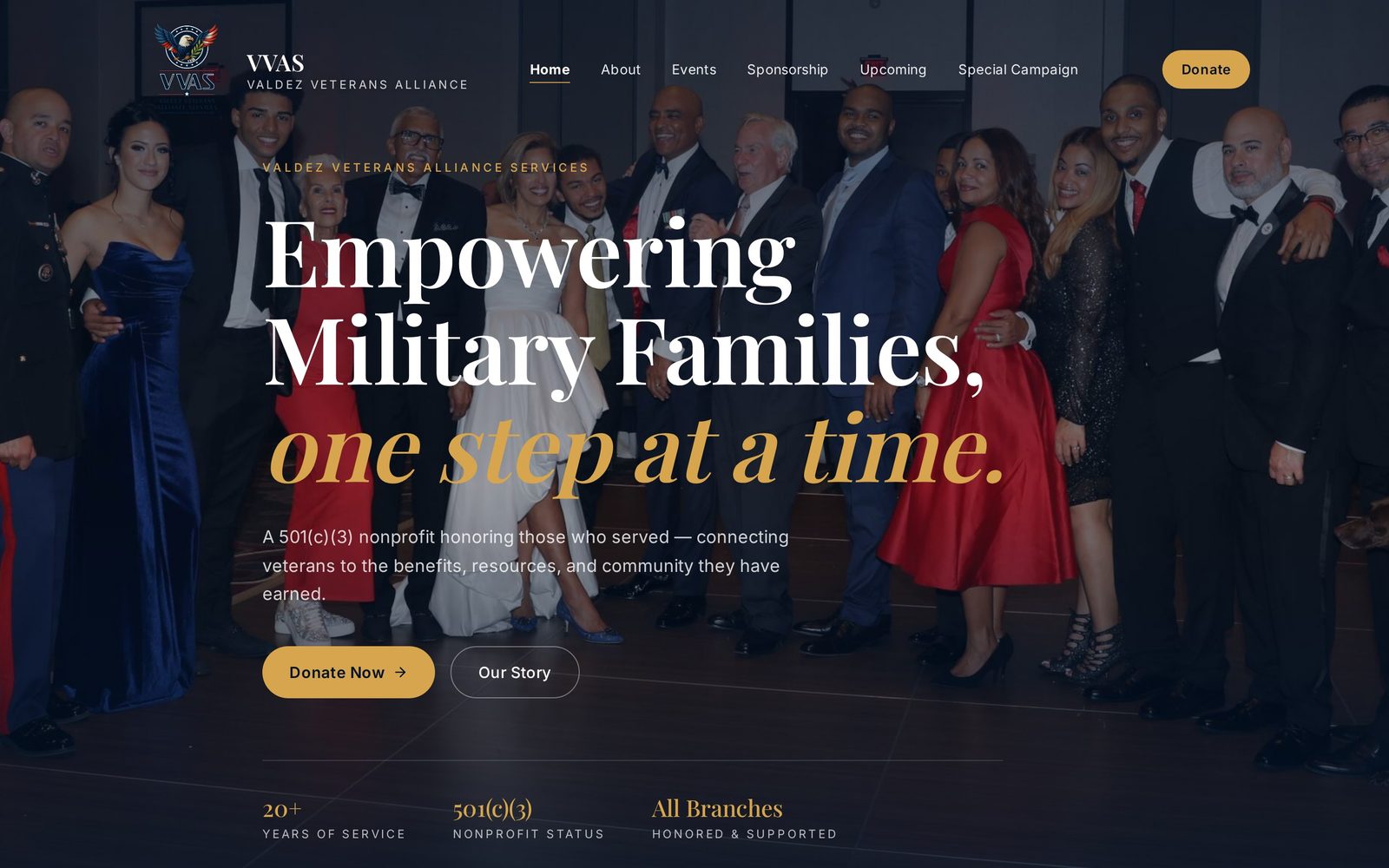 Homepage of the VVA Services website, showing the hero headline and donation call to action.